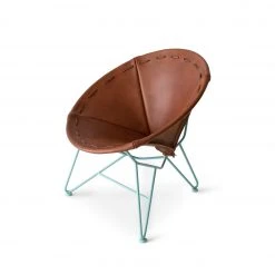 Garza Marfa Saddle Leather Round Chair In Chocolate With Aqua Base Furniture