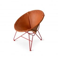 Garza Marfa Saddle Leather Round Chair In Natural With Strawberry Red Base